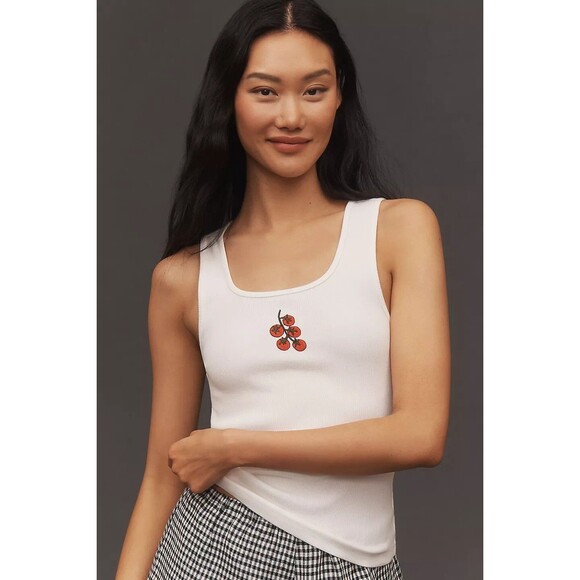 Anthropologie Maeve Embroidered Icon Tank Top Sleeveless Ribbed White S 281544 - Picture 4 of 12